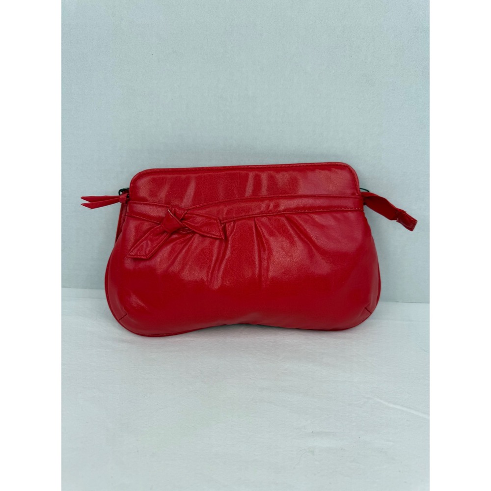 Vintage 80's Red Faux Leather Bow Pleated Crossbody Bag Shoulder Purse